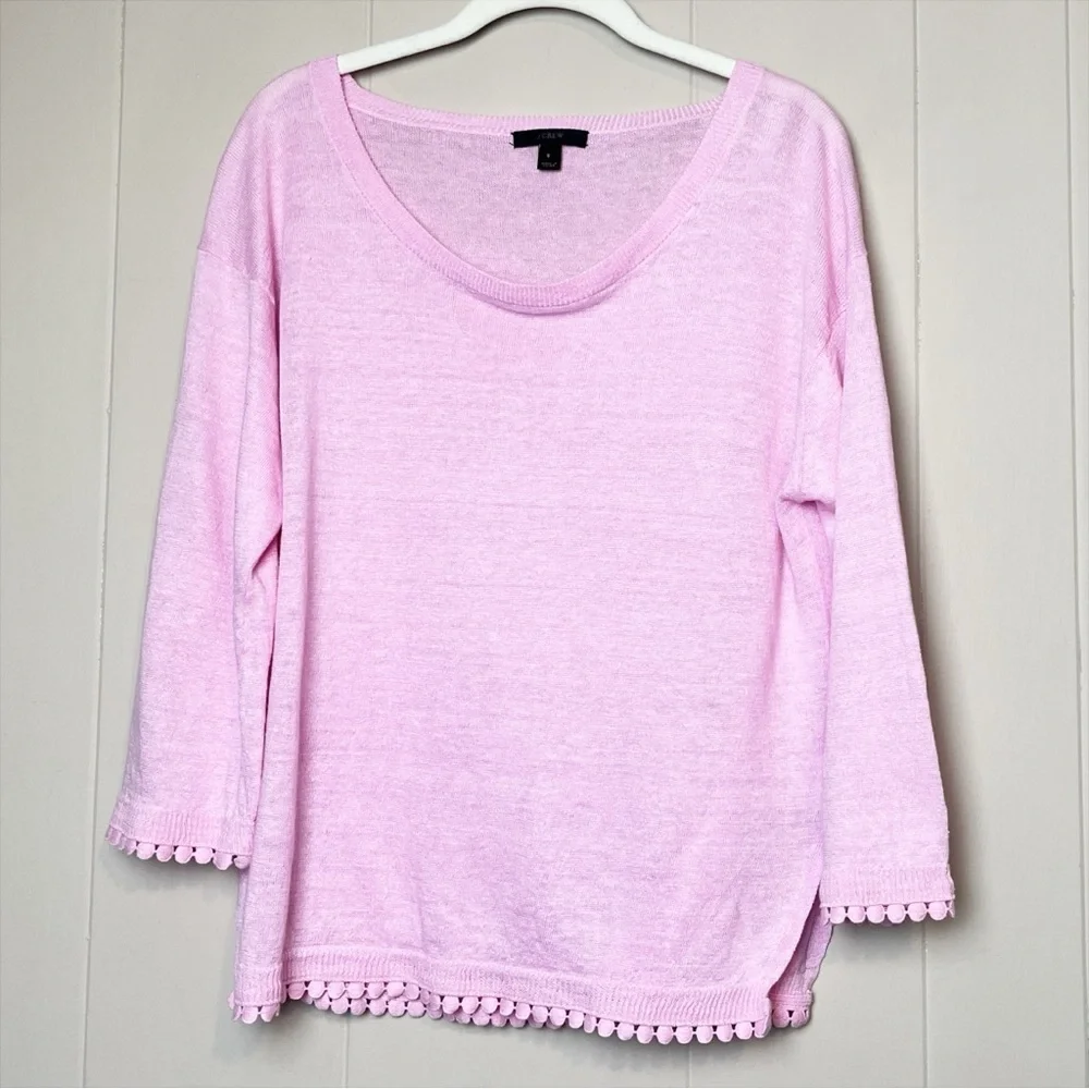 J. Crew 100% Linen Sweater Pom-Pom Trim‎ small bubblegum pink lightweight boxy